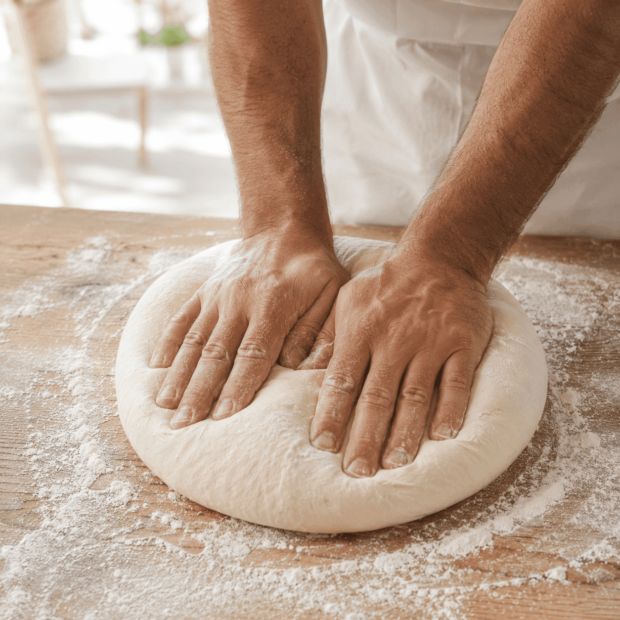 Pizzateig wird von Hand zu einem runden, luftigen Boden geformt